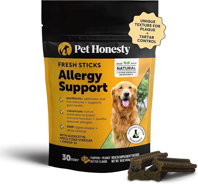 Dog Allergy Relief Dental Sticks - Seasonal Allergies + Itchy Skin Support Chews - Plaque and Tartar Remover for Dogs Teeth Cleaning Treats with Colostrum + Omega 3 - Pumpkin Peanut Butter (30 Ct)
