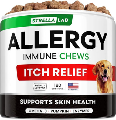 StrellaLab Dog Allergy Relief & Anti Itch Support Chews w/Omega 3: Real Ingredients, Real Taste! Skin & Coat Immune Supplement w/Fish Oil, Pumpkin & Enzymes — Developed by Experts - Made in USA -180Ct