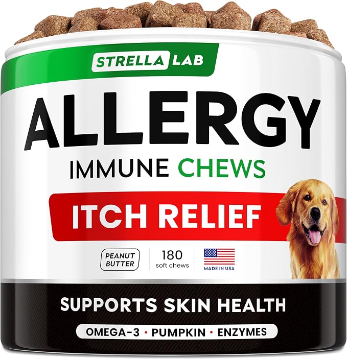 Dog Allergy Relief & Anti Itch Support Chews w/Omega 3: Real Ingredients, Real Taste! Skin & Coat Immune Supplement w/Fish Oil, Pumpkin & Enzymes — Developed by Experts - Made in USA -180Ct