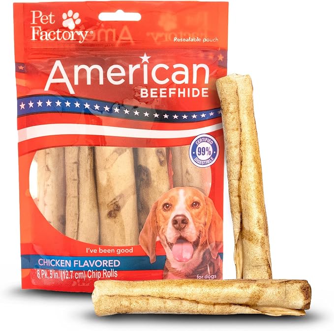 American Beefhide 5" Chip Rolls Dog Chew Treats - Chicken Flavor, 8 Count/1 Pack