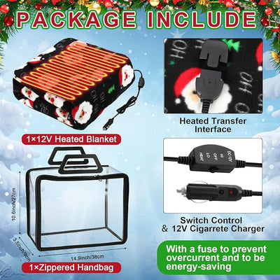 Tuanse 58 x 43 Inches 12 Volt Heated Car Blanket Plug in Portable Car Electric Blanket with Cigarette Lighter, Temperature Controller and Storage Bag for Rv Truck Traveling(Black,Santa Claus)