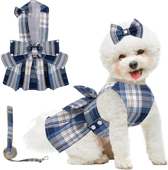 Coppthinktu Plaid Dog Dresses for Small Dogs Girl Bowknot Harness Leash Set, Cute Small Dog Dress Harness Cat Clothes Female with Pearl Bow Hair Clip, Summer Puppy Dress Yorkies Chihuahua Outfits