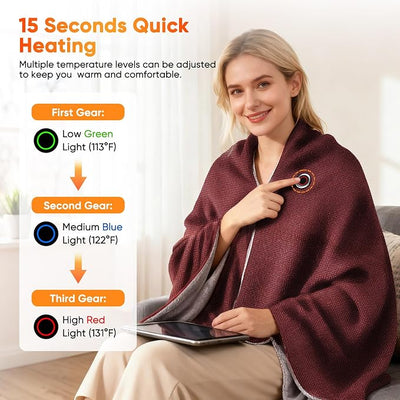Heated Blanket Battery Operated Cordless Portable Heated Shawl,61" x 31" Electric Throw Blanket with 3 Fast Heating Levels,with Rechargeable Power Bank, Winter Gift for Women