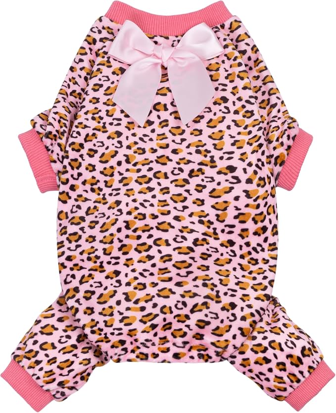 Fitwarm Leopard Dog Pajamas, Fleece Dog Clothes for Small Dogs Girl with Legs, Pet Onesie, Cat Outfit, Pink, Small