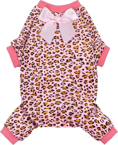 Fitwarm Leopard Dog Pajamas, Fleece Dog Clothes for Small Dogs Girl with Legs, Pet Onesie, Cat Outfit, Pink, Small