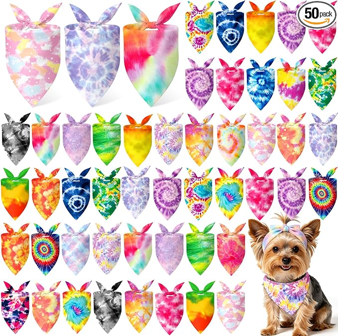 50 Pieces Tie Dye Dog Bandanas Bulk Colorful Hippie Pattern Dog Bandanas for Dogs Triangle Kerchief Scarf Bibs Set for Pets Summer Party Costume Accessories, 25 Styles (19.7 x 13.8 x 13.8)