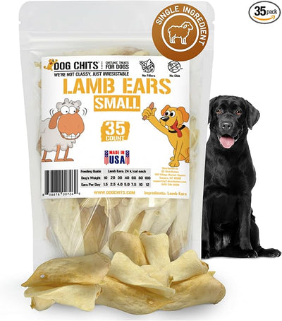 Dog Chits Lamb Ears for Dogs – 100% Natural Baked Lamb Ear Dog Treats – Grain-Free, High Protein, Lower Fat Training Chews – Dental Health & Joint Support – for Medium and Small Pups – 35 Pack