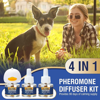 4 in 1 Pet Pheromones Diffuser Dog Pheromone Calming Diffuser Appeasing to Calm Kit (Plug in+ 3 Pack 48ml Refill) for Anxiety Relief Reduce Fighting Stress Barking Aggression 90 Day Supply
