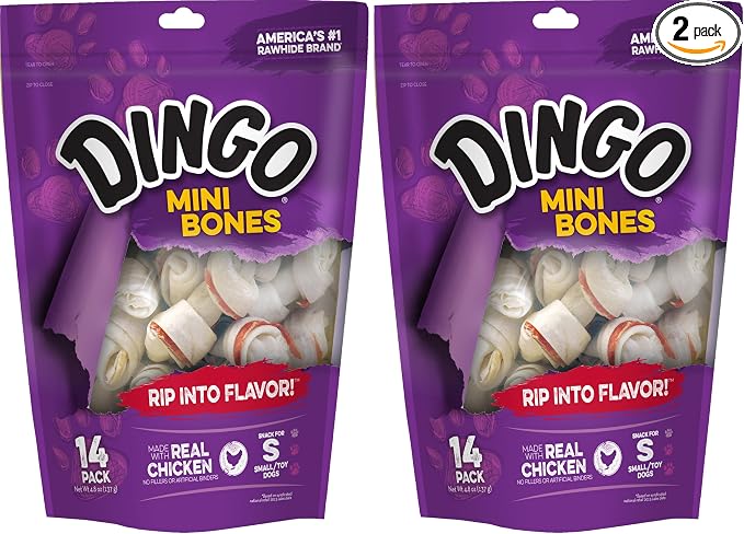 Dingo 95014 Mini Bones, Rawhide for Small/Toy Dogs, Red,14-Count (Pack of 2)