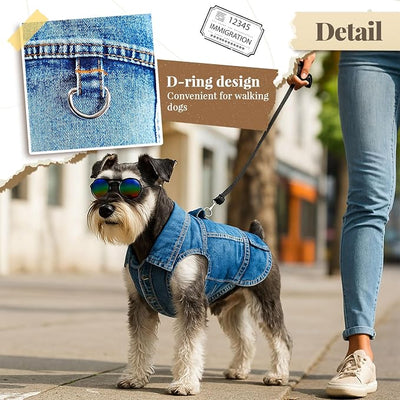 Cool Dog Jean Jacket Vest with D-Ring Blue Denim Dogs Outfits for Small Medium Dogs Cats Boy Male Dog Clothes Costume Dogggie Puppy Harness Coat for Frenchie Walking(Blue with D-Ring,XS)