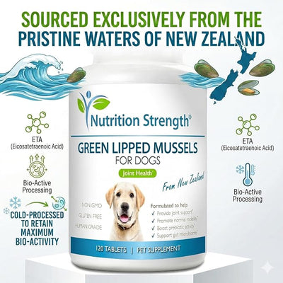 Green Lipped Mussels for Dogs for Joint Support & Inflammatory Relief, Promote Normal Mobility & Flexibility, Boost Prebiotic Activity, Support Gut Microbiome, 120 Chewable Tablets