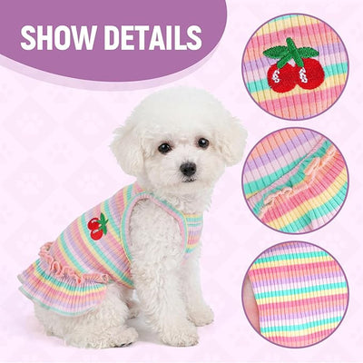 Jmkcoz Cute Striped Dog T Shirts Cherry Puppy Dress Soft Cotton Pet Sleeveless Vest Clothes Spring Summer Pet Outfits for Small Dogs Cats Girl (Pink, Small)