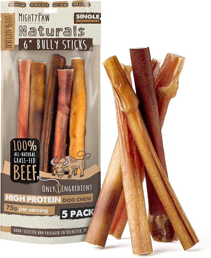 Naturals Bully Sticks for Small & Medium Dogs - Grass Fed Beef Chews. Bully Sticks for Large Dogs. Lower Odor Stick Treat. Single Ingredient (6" - 5 Pack)