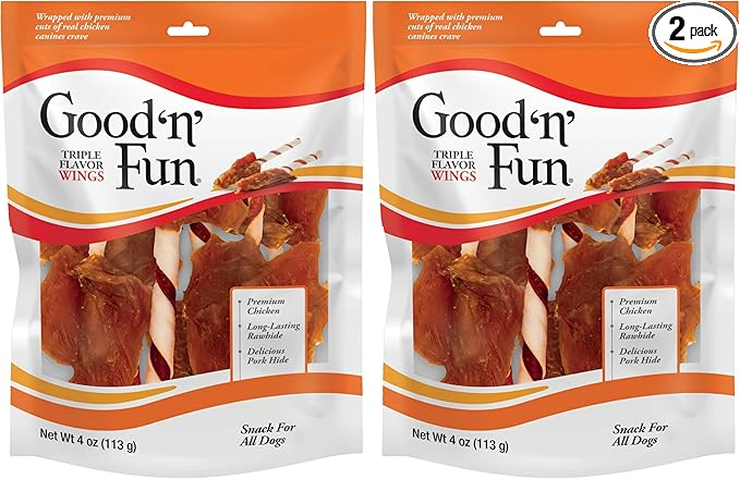 Good n' Fun Triple Flavor Wings Chews for All Dogs, 4 Ounces, Treat Your Dog to Long-Lasting Chews Made with Chicken, Beef Hide and Pork Hide (Pack of 2)