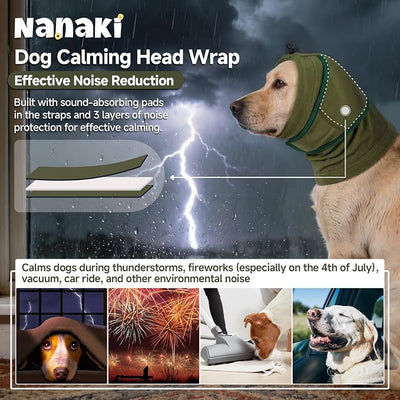 Nanaki Soft Calming Hoodie Quiet for Fireworks,4th of July, Dog Ear Wrap Hematoma Head Cover Anti Flapping, Snoods For Dogs For Eating & Drinking, Adjustable Dog Ear Protection For Bath,Blow, Green,XL