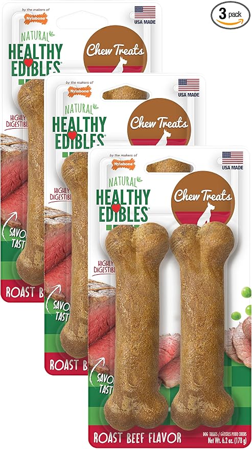 Healthy Edibles Natural Dog Chews Long Lasting Roast Beef Flavor Treats for Dogs, Medium/Wolf, 2 Count, (Pak of 3)