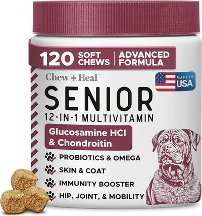 Senior Dog Vitamins and Supplements - 120 Soft Chew Multivitamin for Dogs | Hip and Joint Support, Advanced Formula with Glucosamine, Omega 3, 6, 9, Vitamins, & Probiotics