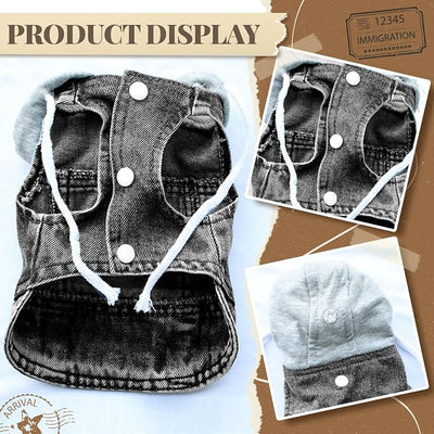 Cool Dog Jean Jacket Vest with D-Ring Black Denim Dogs Hoodies Outfits for Small Medium Dogs Cats Boy Male Dog Clothes Costume Dogggie Puppy Harness Coat for Frenchie Walking(Grey Hat,XL)