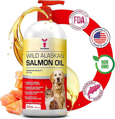 SavvyBeast Wild Alaskan Salmon Oil for Dogs, Cats & Ferrets - Pet Supplement Omega-3 Oil with EPA & DHA - Wild Caught Fish Oil Supports Skin, Coat, Joints, Heart, Brain, Itch Relief & Immune - 32 oz