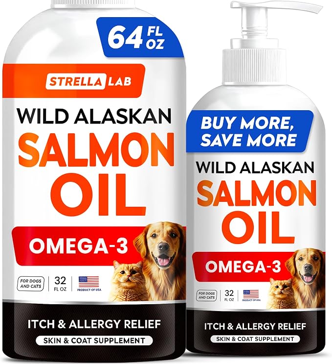 Wild Alaskan Salmon Oil for Dogs - Natural Omega 3 for Dogs & Cats, Itch & Allergy Relief, Skin & Coat Support - Fish Oil Liquid, EPA+DHA Fatty Acids for Hip&Joint 64 OZ (Pack of 2)