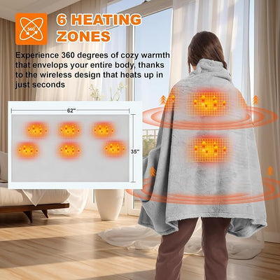 62" x 35" Heated Blanket Battery Operated with Fleece Lining 7.4V 16000mAh Battery Cordless Heated Shawl Wraps for Women Men Portable Electric Blanket 6 Heating Zones 3 Heating Levels