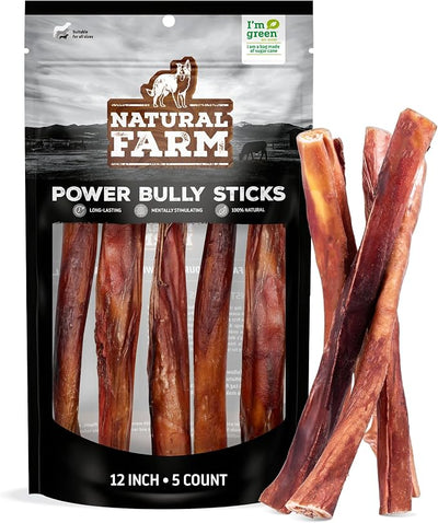 Natural Farm Power Bully Sticks Dog Chews (12”, 5-Pack), 2-in-1 Power Chews: Premium Beef Cheek Wrapped in Beef Pizzle, Great Dog Dental Treats, for Small, Medium & Large Dogs