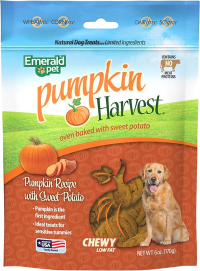Emerald Pet Pumpkin Harvest Dog Treats, Sweet Potato Flavor, 6 oz – Soft Chewy Low-Fat Natural Dog Treats with Real Pumpkin for Digestive Health – Meat-Free, Wheat-Free, Made in USA