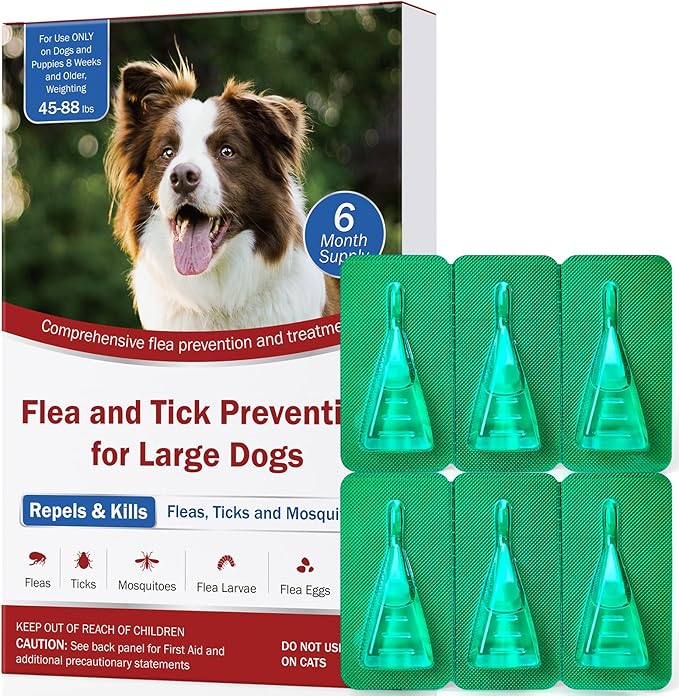 Flea and Tick Prevention for Large Dogs, Flea Drops for Dogs 45 to 88 lbs, 6 Month Support for Skin & Coat Health, Fast Acting, Dog Flea and Tick Treatment, Supplement