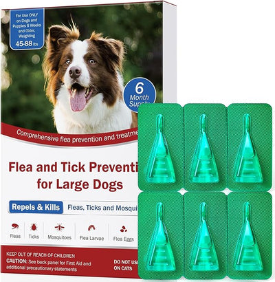 Flea and Tick Prevention for Large Dogs, Flea Drops for Dogs 45 to 88 lbs, 6 Month Support for Skin & Coat Health, Fast Acting, Dog Flea and Tick Treatment, Supplement