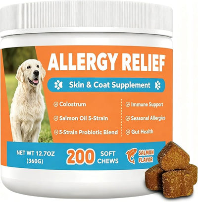 Dog Allergy Chews 200ct, Dogs Allergy Relief Chews for Paw Licking Itchy Skin Coat Supplement, Dog Itching Relief with Probiotics Colostrum for Dry Skin Itching Licking Seasonal Allergies