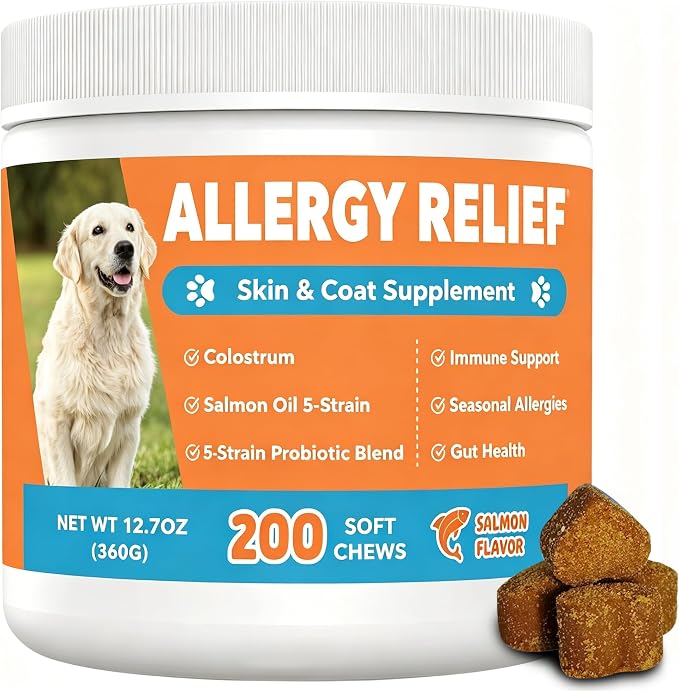 Dog Allergy Chews 200ct, Dogs Allergy Relief Chews for Paw Licking Itchy Skin Coat Supplement, Dog Itching Relief with Probiotics Colostrum for Dry Skin Itching Licking Seasonal Allergies