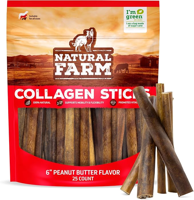 Peanut Butter Flavor Collagen Sticks for Dogs (6 Inch, 25 Count), Long-Lasting Beef Collagen Sticks, Rawhide Alternative Chews with Chondroitin & Glucosamine, Low-Fat Dental Treats