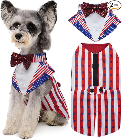 Kuoser Independence Day Dog Tuxedo Dog Suit and Bandana Set, 4Th of July Dog Costume American Flag Dog Outfit with Bow Tie for Large Medium Small Dogs Golden Retriever Samo Bulldogs, M