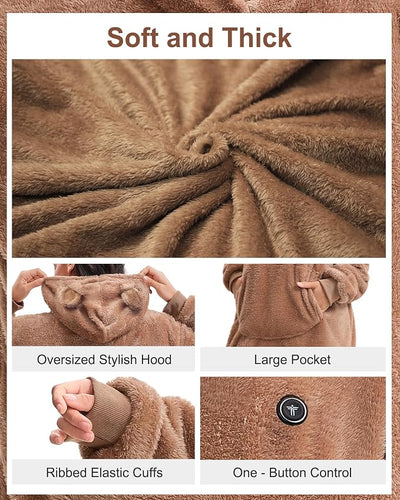 Oversized Heated Wearable Blanket, Battery Powered Fleece Hoodie Robe 7.4V 16000mAh 167°F Overheat Protection