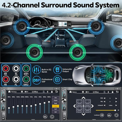 7" Double Din Car Stereo with Wireless Apple CarPlay & Android Auto, QLED Touchscreen, Bluetooth, Backup Camera, 4.2-CHN Audio, 2 Subwoofer Outputs, AM/FM Car Radio