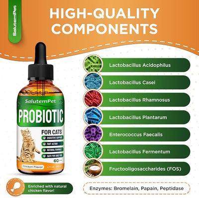 Probiotics for Cats for Digestive Support – Cat Probiotics for Indoor Cats Help with Colic, Upset Stomachs, Diarrhea, Gas, and Bloating – Prebiotics + Pleasant Chicken Flavor Inside – 2 Oz