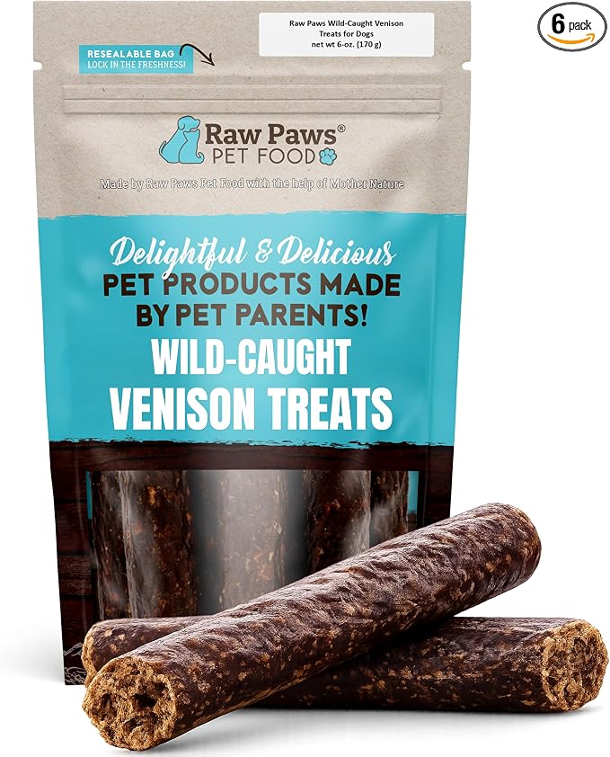 Raw Paws Wild-Caught Venison Dog Treats, 6-oz - Packed in USA - Real Meat Jerky - Single Ingredient Venison for Dogs