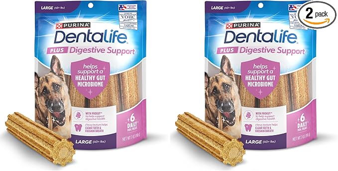 Plus Digestive Support Dog Treats for Large Dogs 40 lbs. and up, Cleans Teeth, Freshens Breath, & Supports Healthy Gut, Chicken & Pumpkin Flavor, 7 oz., 6 Chews - 6 ct. Pouch (Pack of 2)