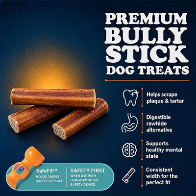Bow Wow Labs SafeFit™ Bully Sticks for Dogs - 100% All Natural Beef Sticks, Grass-Fed, Low Odor, Long Lasting Dog Chews, Dog Chew Treats, Bully Stick for Small, Medium, Large Dogs - 6" Thick 10 Pack