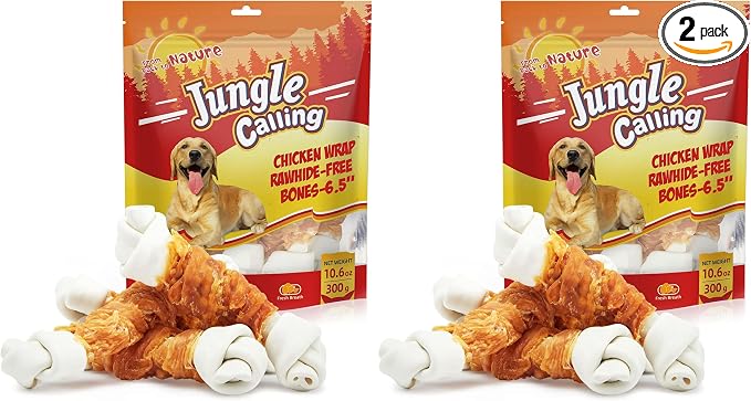 Jungle Calling Rawhide Free Dog Bones, 6.5" Real Chicken Wrapped Dog Chew Bones for Medium and Large Dogs Training Treats (Pack of 2)