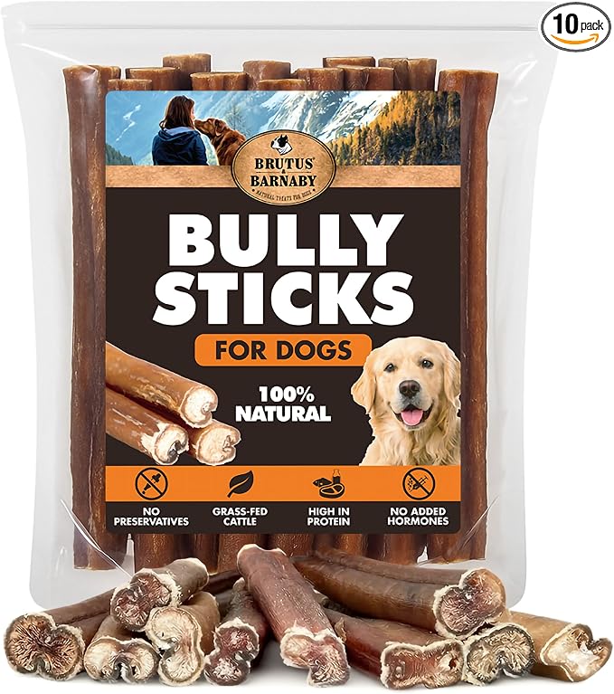 BRUTUS & BARNABY 6 Inch Bully Sticks for Dogs (10 Count) – Natural Grass-Fed Beef Chews, Odor Free, Single Ingredient, Fully Digestible, Rawhide Free for Small, Medium & Large Dogs
