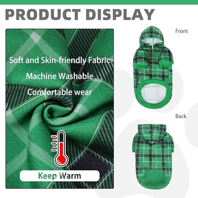 KOOLTAIL Plaid Dog Hoodie for Small Medium Large Dogs - Pet Clothes Sweater with Hat and Pocket for Cold Weather Winter, Warm Soft Dog Hooded Sweatshirt Coat Outfit for Puppy Cats Girls Boys Green S