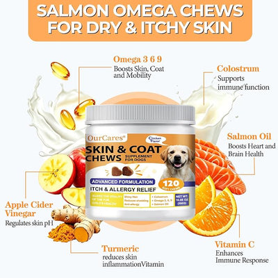 Skin and Coat Supplement for Dogs, Omega 3 Fish & Salmon Oil with EPA & DHA, Colostrum Support Skin & Coat Healthy, Itchy Dog Allergy May Reduce Shedding, Chicken Flavor, 120 Ct