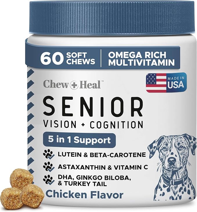 Chew + Heal Labs Senior Dog Vision and Cognition Chews - 60 Soft Chews for Dog Eye Care and Memory - 7-in-1 Multivitamin with Omega Fatty Acids, Vitamins, and Botanicals - Made in the USA