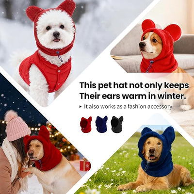 Dog Snood Winter Hood with Ear Protection, Fleece Neck Warmer for Dogs, (Red, Small)