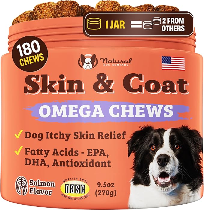 Skin & Coat Supplement Chew for Dogs – Omega 3 Salmon Oil, Biotin & Vitamin E Support Shiny Coat, Healthy Skin & Normal Shedding, Promotes Comfort from Occasional Itch, 180 Count