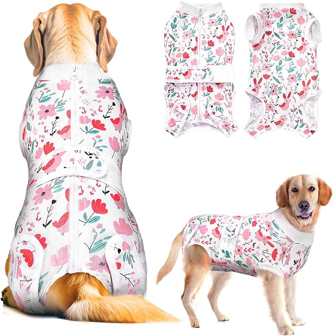 Lukovee Recovery Suit for Dogs, Zipper On Dog Surgery Suit for Female Male Dog, Onesies Bodysuit Prevent Licking Spay Abdominal Wounds Bandages E-Collar Alternative (Pink, XL)