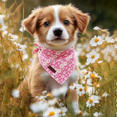 Spring Dog Bandanas Girl Pink Daisy Cotton Washable Comfortable Triangle Dog Scarf Adjustable Pet Bib Kerchief for Small Medium Large Dogs S