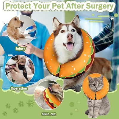Inflatable Dog Cone Collar for Large Medium Small Dogs, Soft Adjustable Recovery Cone Collar for Dogs Cats,Dog Neck Donut Cone Alternative After Surgery(Hamburger,Medium