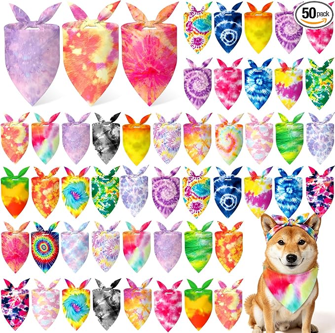 50 Pieces Tie Dye Dog Bandanas Bulk Colorful Hippie Pattern Dog Bandanas for Dogs Triangle Kerchief Scarf Bibs Set for Pets Summer Party Costume Accessories, 25 Styles (25.6 x 17.7 x 17.7)